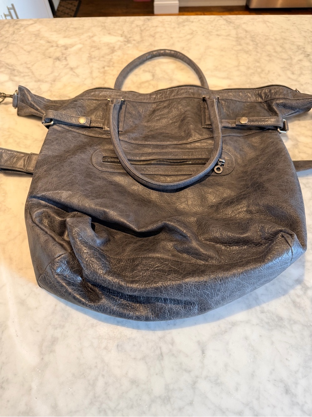 Not Rational Soft Gray Leather Tote with Front Zip Pocket